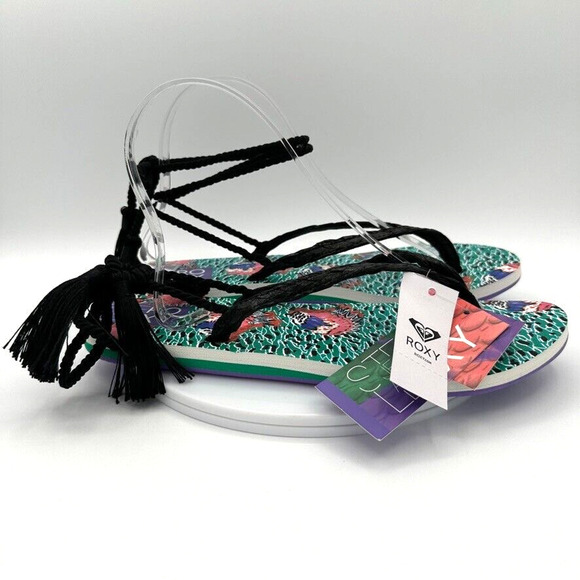 NWT Roxy x Stella Jean Cannes Sandals Ankle Wrap US 10 Tropical Green Beach Boho - Picture 6 of 10